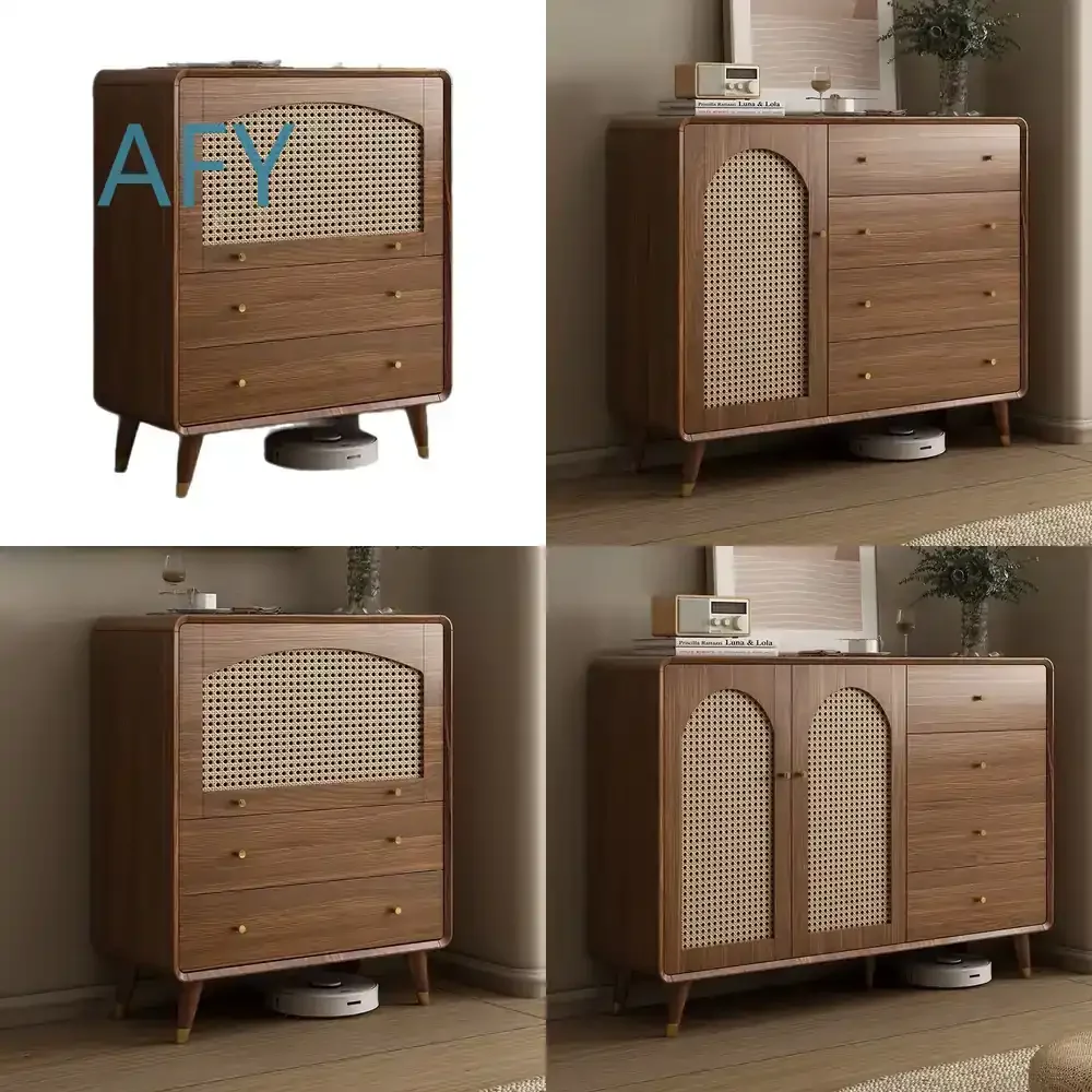 New Chinese Style Rattan Locker for Bedroom Drawer Storage for Small Apartment Home Use All Solid Wood Multi Functional