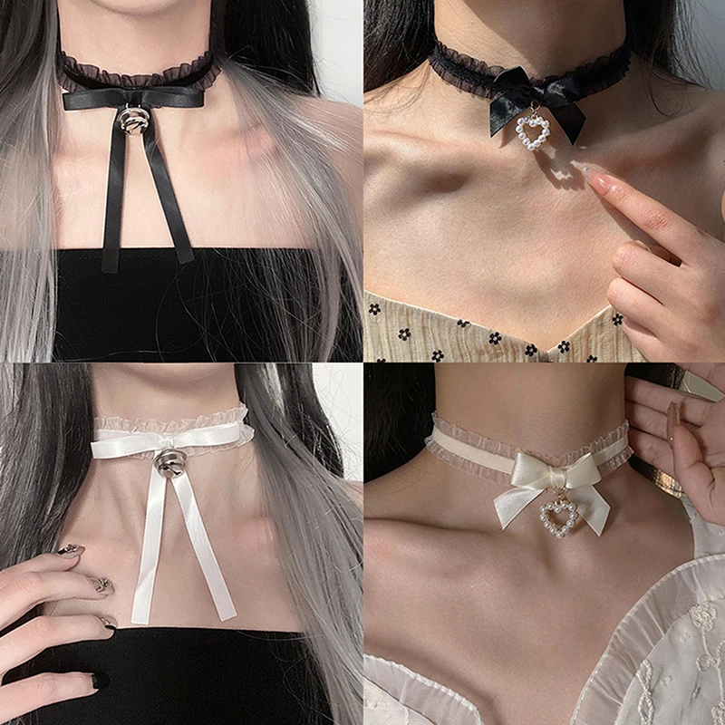 Fashion Choker Necklace For Women Sexy Black White Lace Bow Bell Pendant Short Clavicle Chain Necklace Aesthetic Jewelry