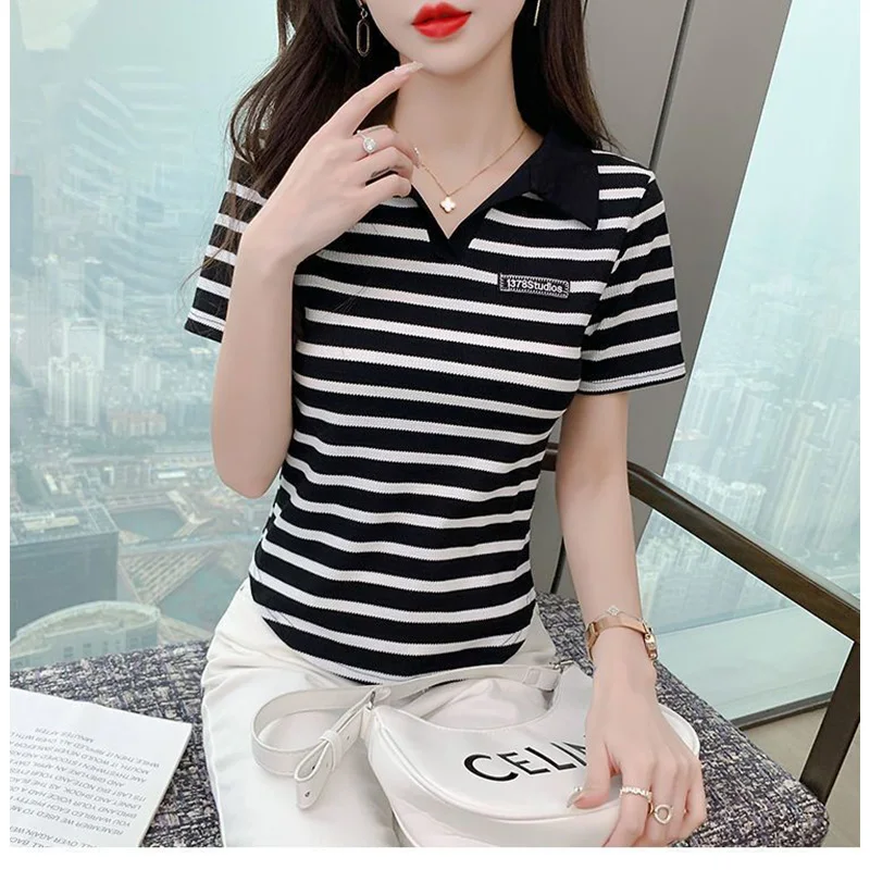 Femme Sommer Koreanische Mode Patchwork Kontrast Farben Polo Kragen Kurzarm Frauen Kleidung Einfachheit Gestreiften Kurzarm