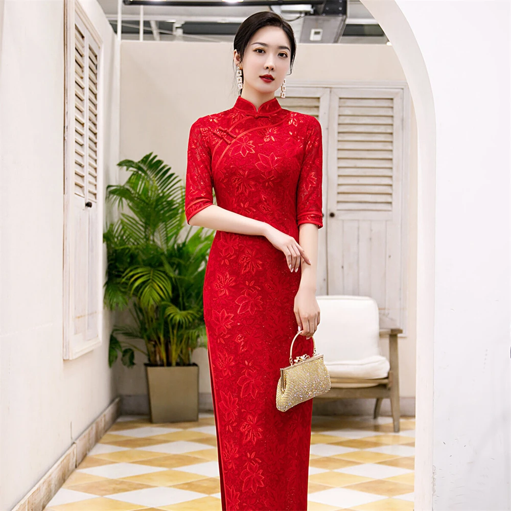 Kırmızı tost tören Cheongsam elbise gelin düğün ziyafet uzun Qipao Vestidos kadın bahar sonbahar akşam parti elbisesi Chinoise