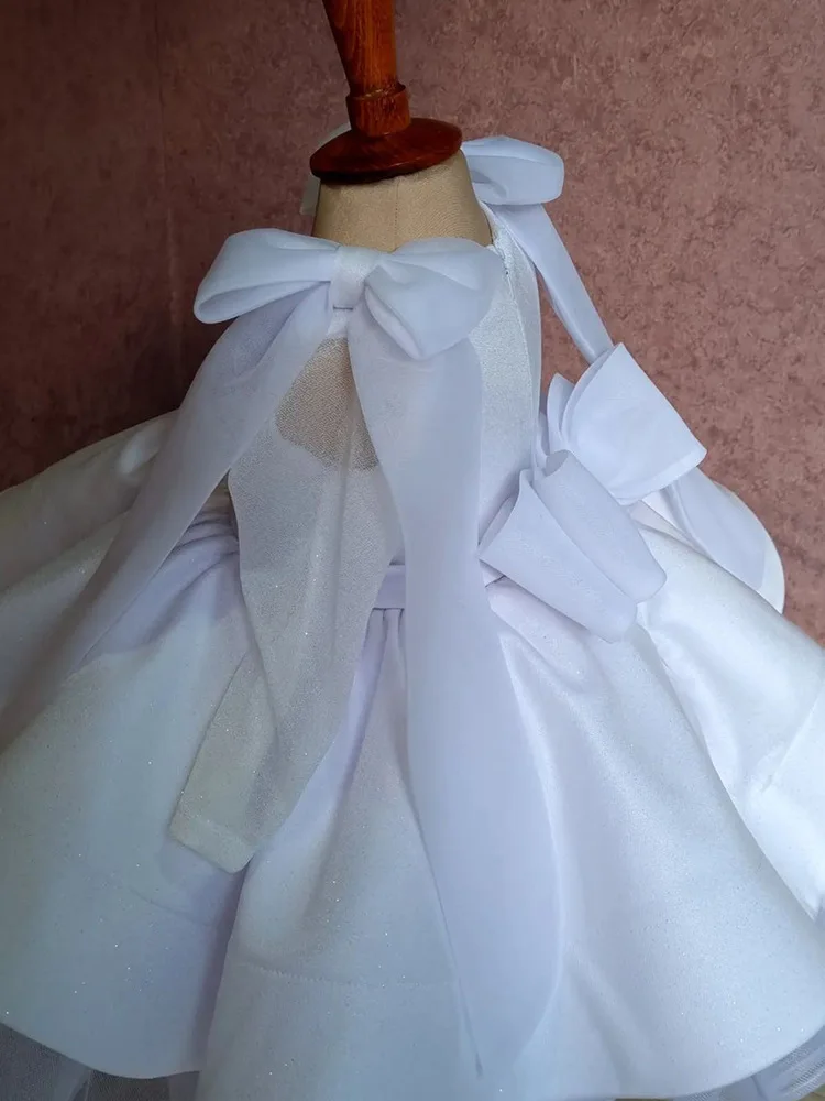 

Girls' Satin Dress White Flower Girl Puff Dress Lolita Princess Bowknot Children's Strap Vest Dress Wholesale