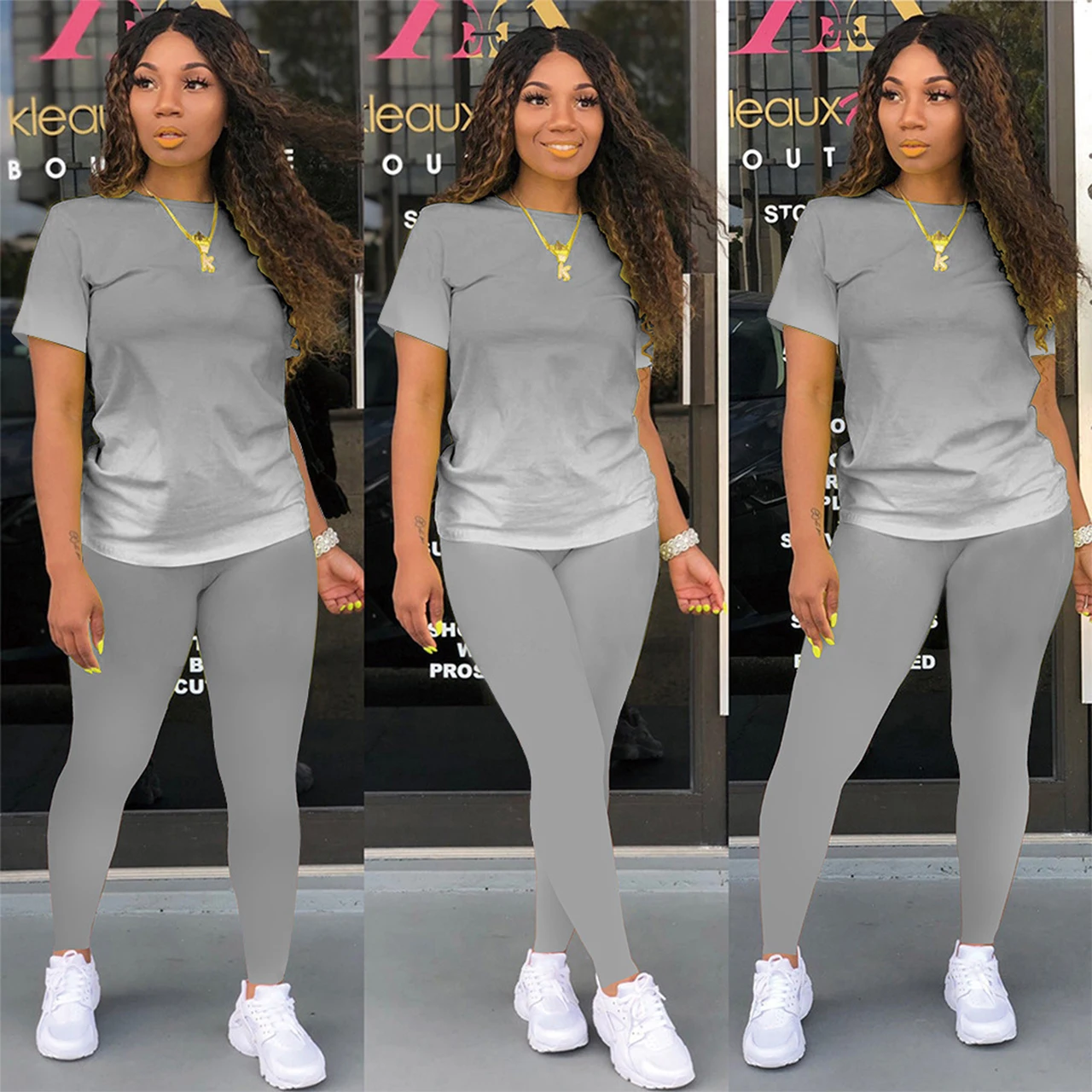 Womens Fashion Korte Mouw T-shirt En Strakke Broek 2Pc Set Trainingspak Dames Sport Joggingpakken Outfit