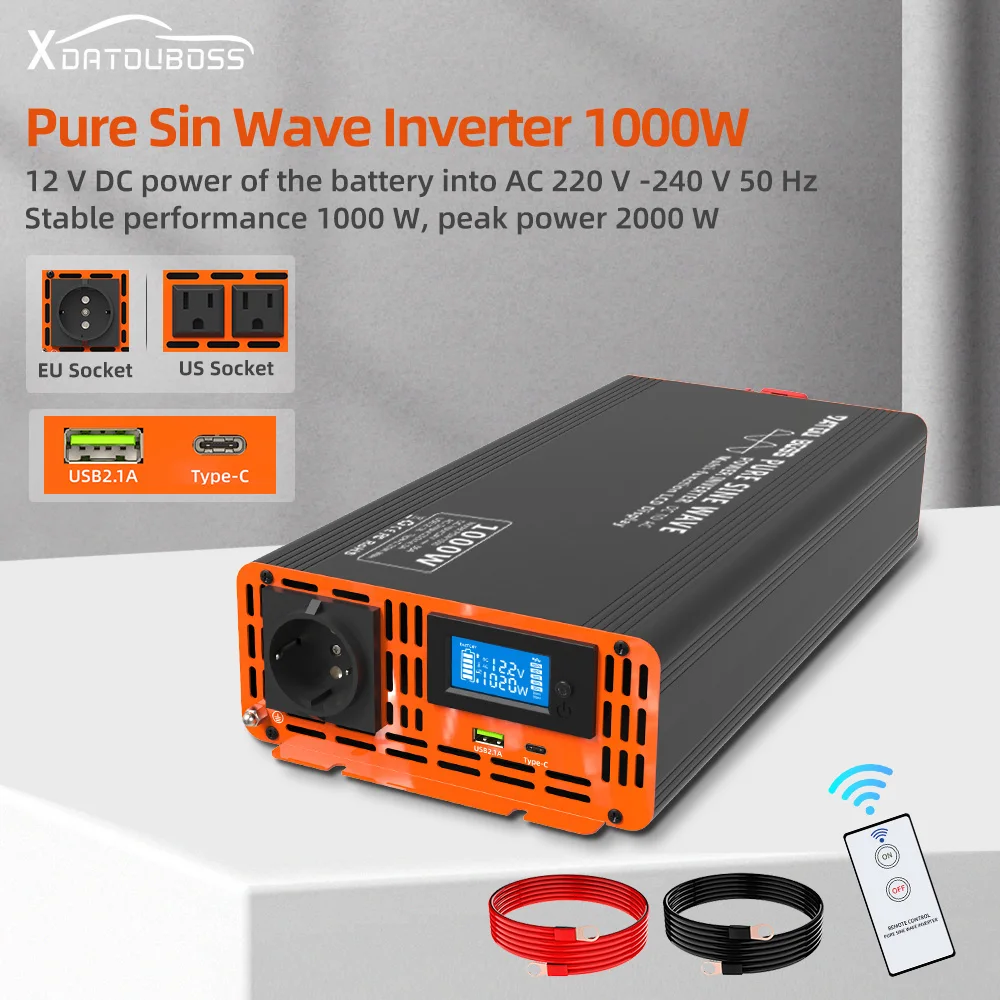 DATOU 24v 12v Power Inverter for 220v 1000w Pure Sine Wave EU Socket with Type C USB Ground Interface LCD Display Screen 50/60Hz