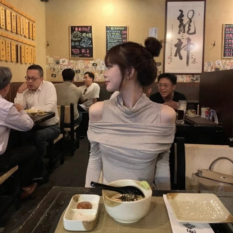 

Women Clothing Sexy Off Shoulder Slim Long Sleeve Tops Spring Autumn New Fake Two Pieces Solid Elegant T Shirts Fashion Korean