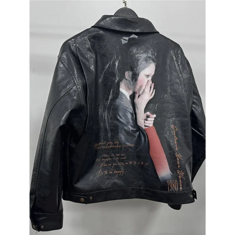 

SUDA 26SS Men's Leather Jaet Ultra Clear Ink Printing Wax Surface Wrinkle Road Sle Loose Fit Long Sve Zipper Closure