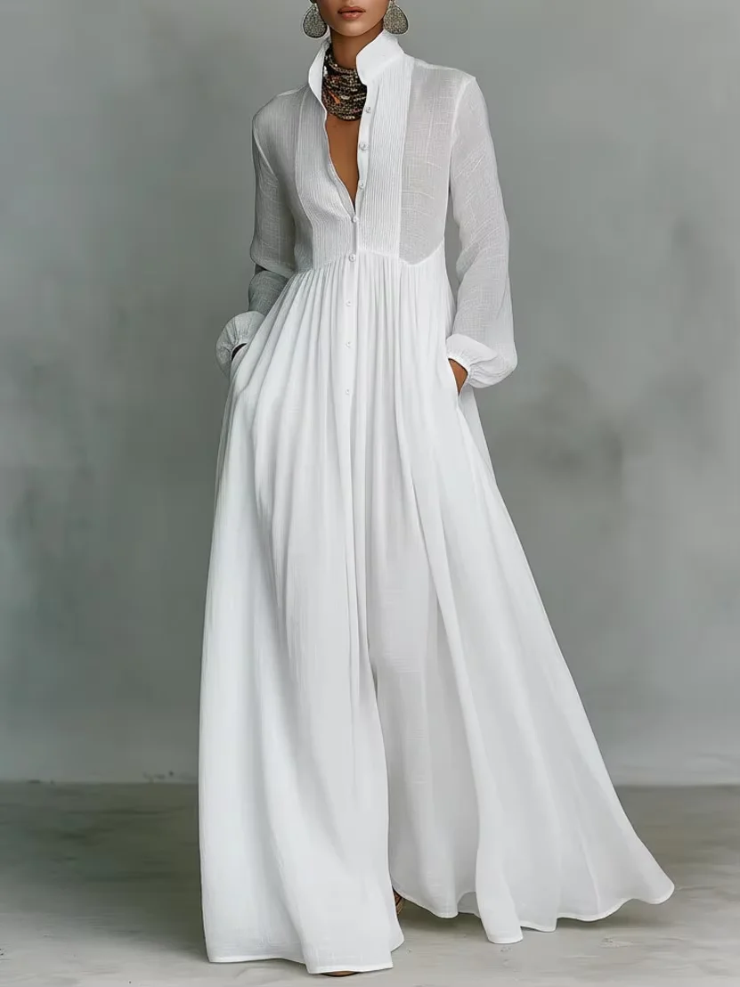 Elegant High Waist Swing Long Dress Women Stand Collar Pockets Pleated Maxi Dress Spring Long Sleeve Button Evening Dress