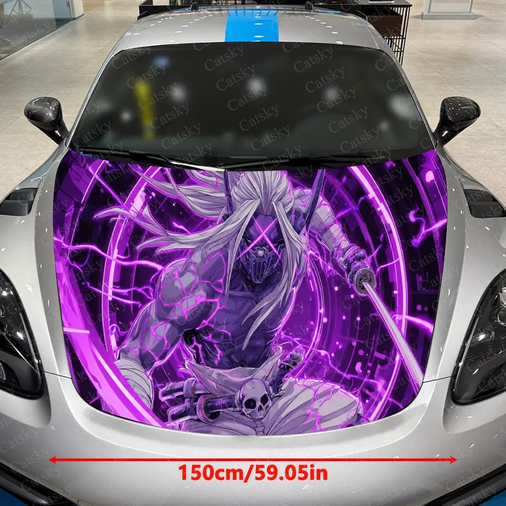 Purple Lightning Demon-Pattern Warrior Car Vinyl Wrap, PVC Waterproof Car Hood Sticker, Self-Adhesive Scratch-Resistant Stickers