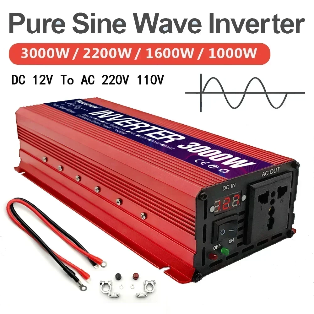 Sine Wave Solar Inverter with Portable Power Banks, converting DC 12V to AC 110V/220V, Peak Power ranging from 1000W to 3000W.