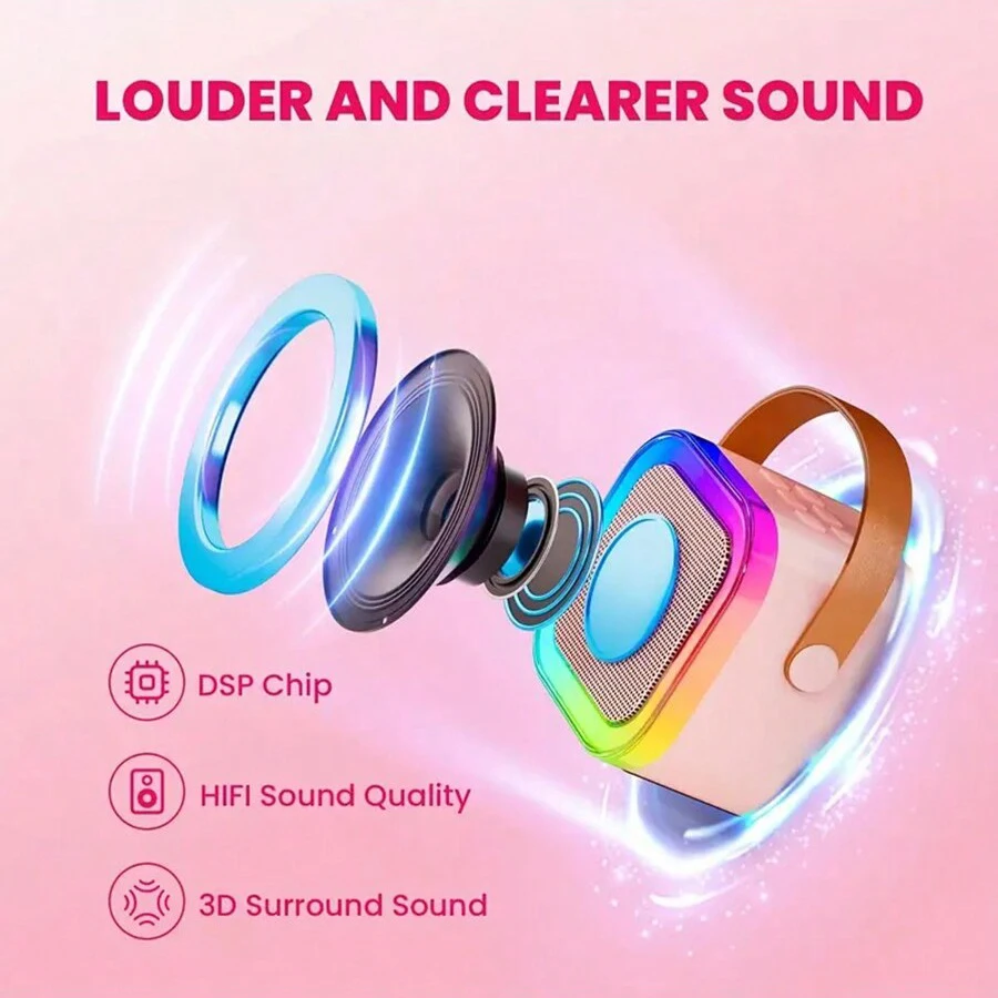 K12 Mini Karaoke Machine With 2 Wireless Microphones,Portable Wireless RGB Lights Gift Speaker Set,For Home Party Birthday