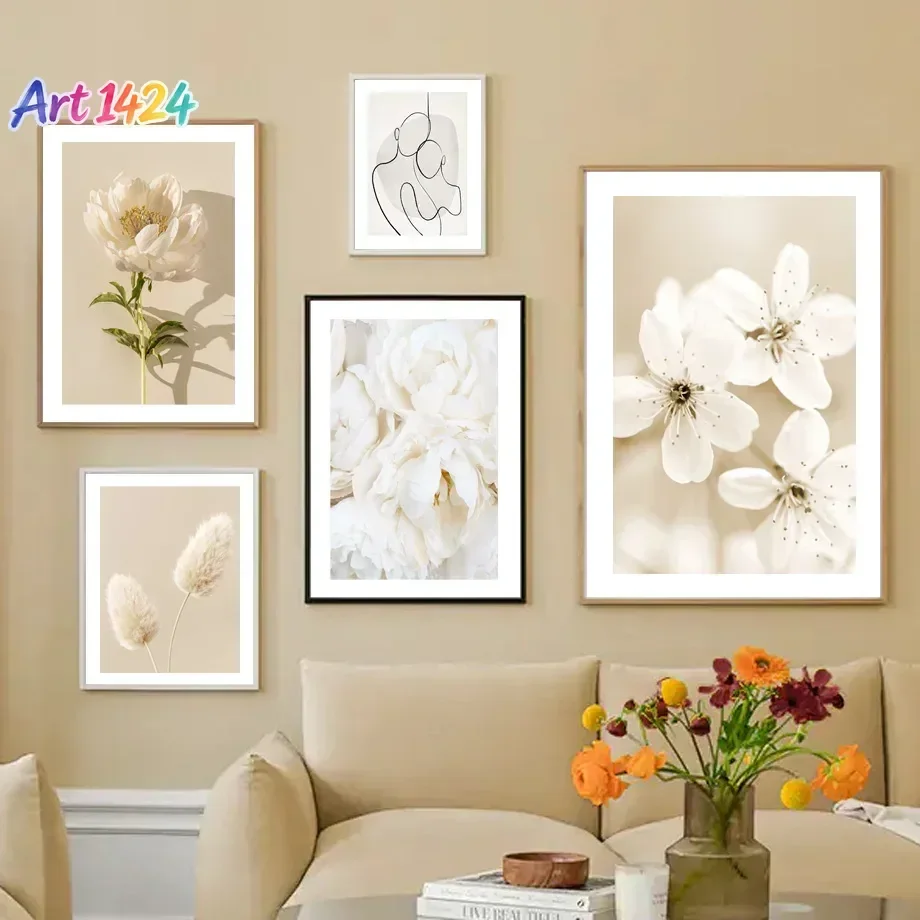 1pc frameless canvas painting Beige Peony Rose Flower Lines Autumn Wall Art Aesthetics Print Canvas Painting Posters for Livi