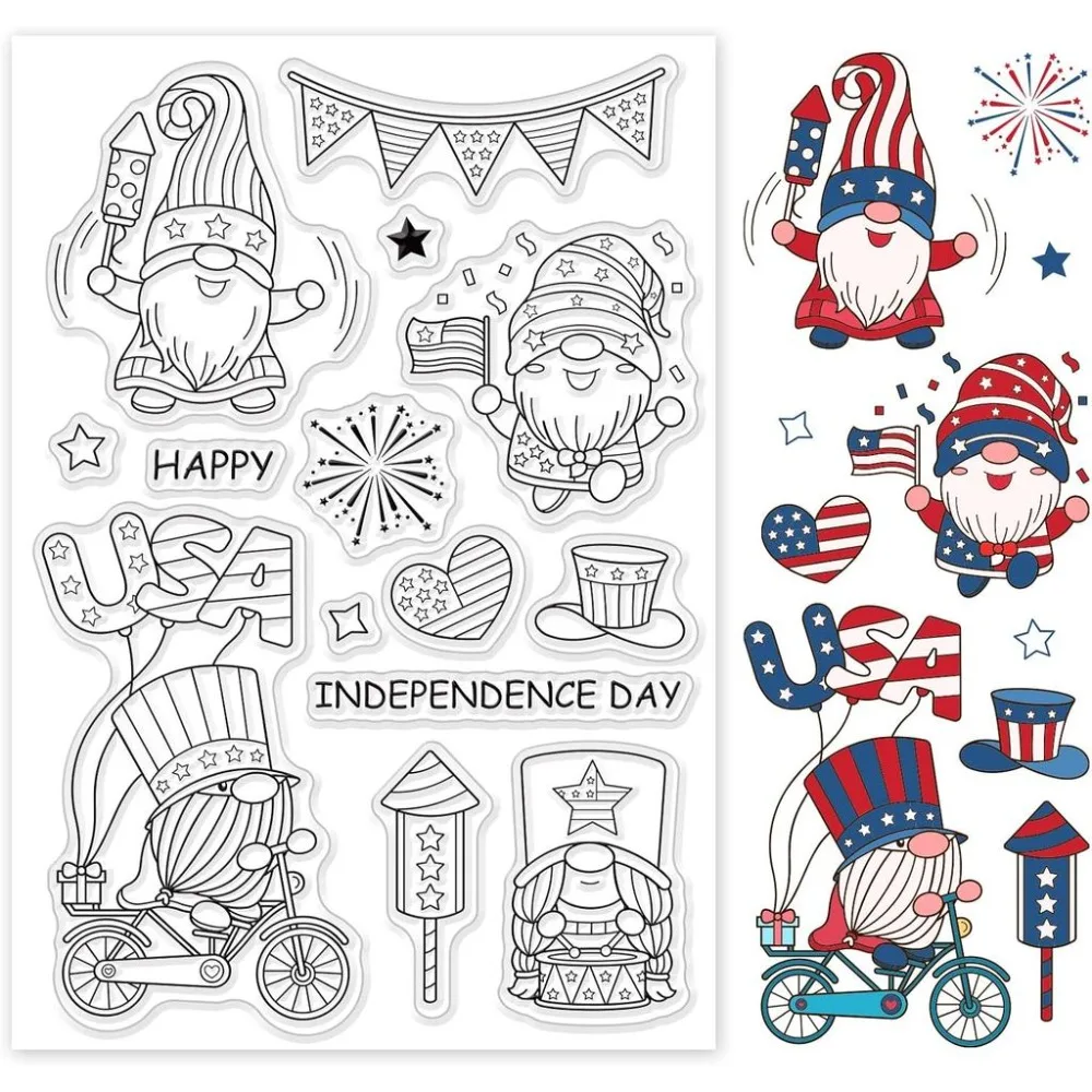 4th of July Gnomes Clear Stamps - Independence Day Cards Memorial Day Transparent Stamps