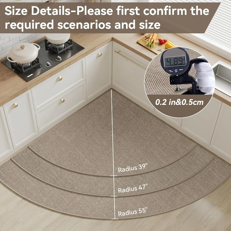 Corner Kitchen Mats for Floor Non Slip Washable Rubber Backed Circular Sector Kitchen Rugs er Absorbent Imitation Linen Braided