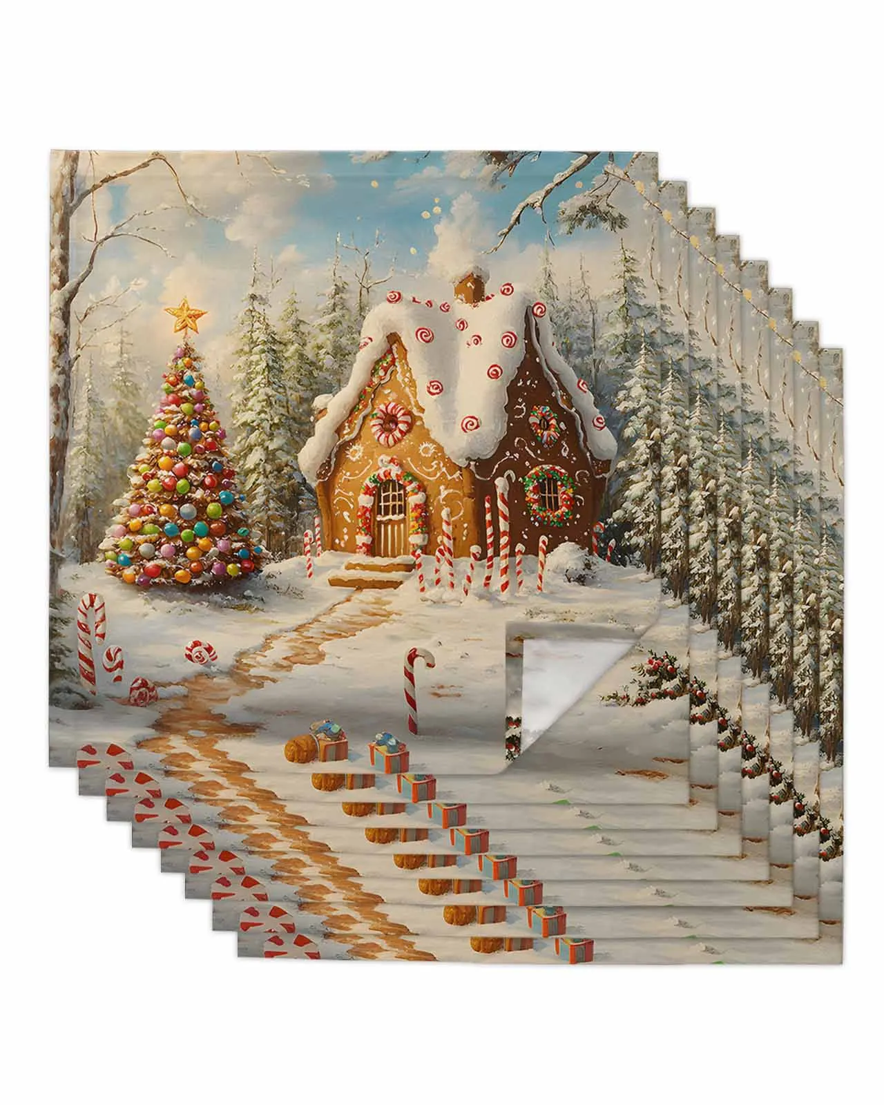 4pcs Christmas Tree Gingerbread House Tale Table Napkins Cloth Set Kitchen Dinner Tea Towels Table Mat Wedding Decor Napkins