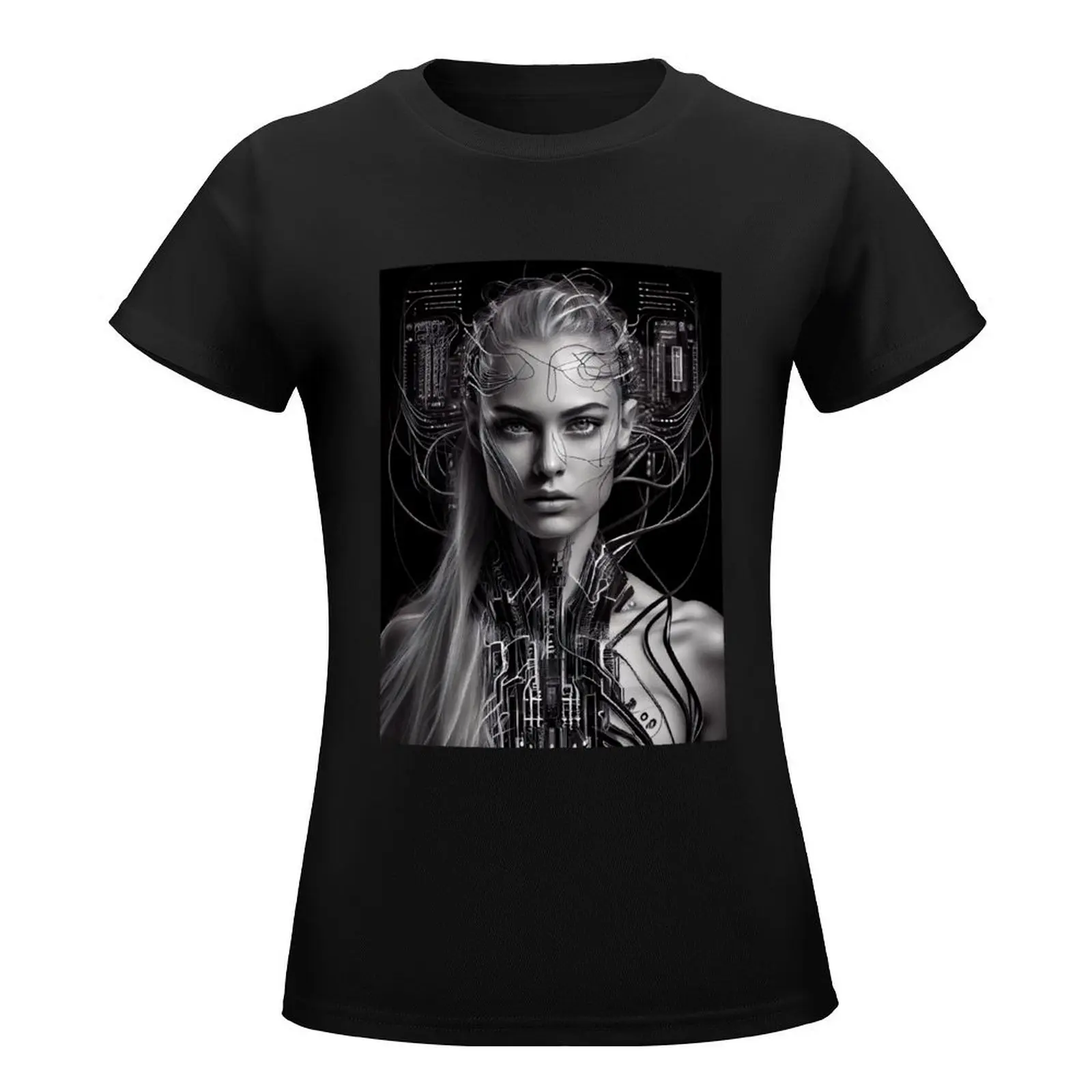 AI Art Cyborg Woman #02 T-Shirt hippie clothes cute tops funny customs black t shirts for Women