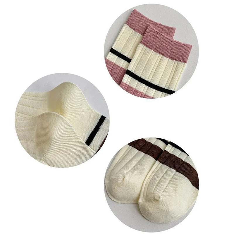 3 คู่ผู้หญิงสีชมพูลายเข่าถุงเท้าสูงแฟชั่นสไตล์วิทยาลัยนุ่มสบายดูดซับเหงื่อ Breathable Casual ถุงเท้า