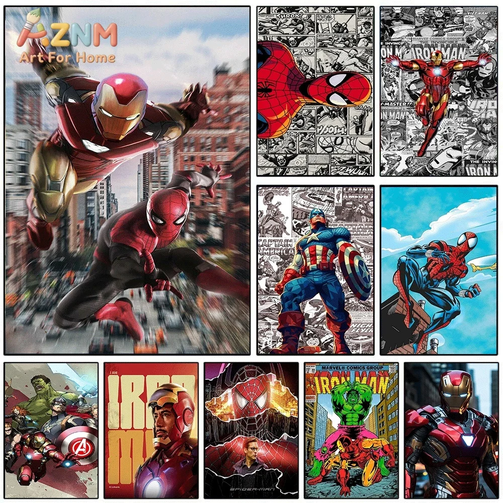 AZNM Iron Man And Spider‑Man Flying Over City Canvas Wall Print, Superhero Dynamic Urban Scene Modern Comic Pop Graphic Art Po