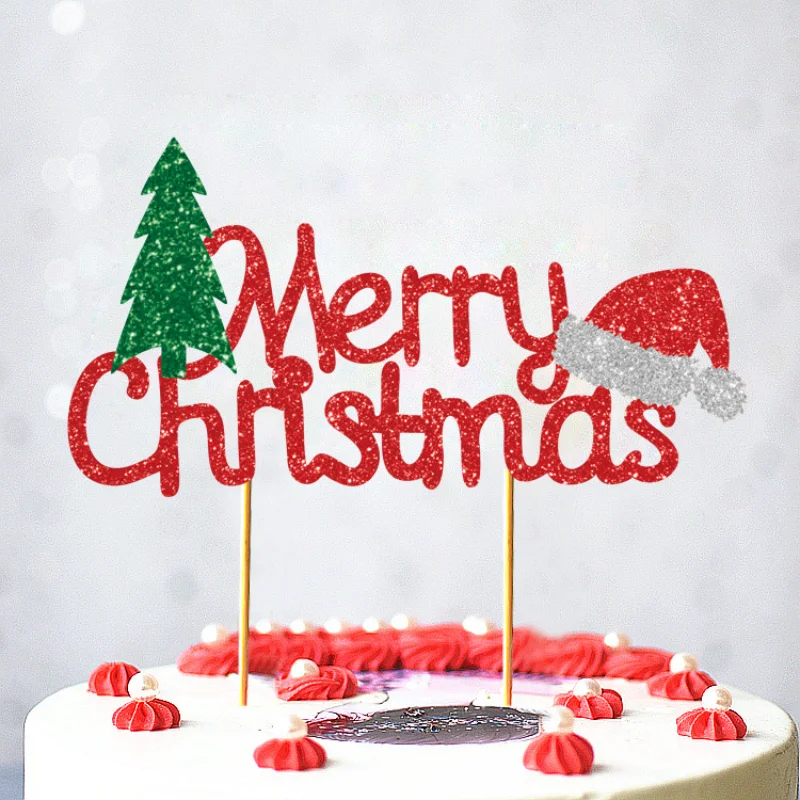 Merry Christmas With Hat Cake Topper Flags Antlers Tree Cupcake Toppers Party Decoration Happy New Year Baking Supplies DIY Xmas