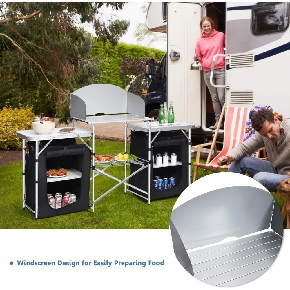 Camping Kitchen Station, Folding Grill Table with 26'' Tabletop, 2 Side Tables, Storage Organizer, Detachable Windscreen