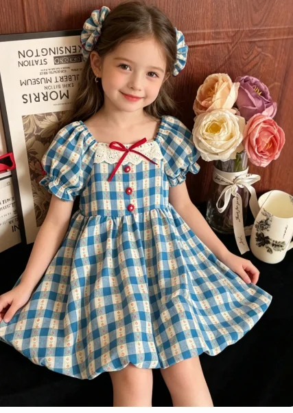 Girls Blue Plaid Short-Sleeve Balloon Dress 2026 Summer Fashion New Style Kindergarten Kids Stylish Sweet Trendy Cute Dress