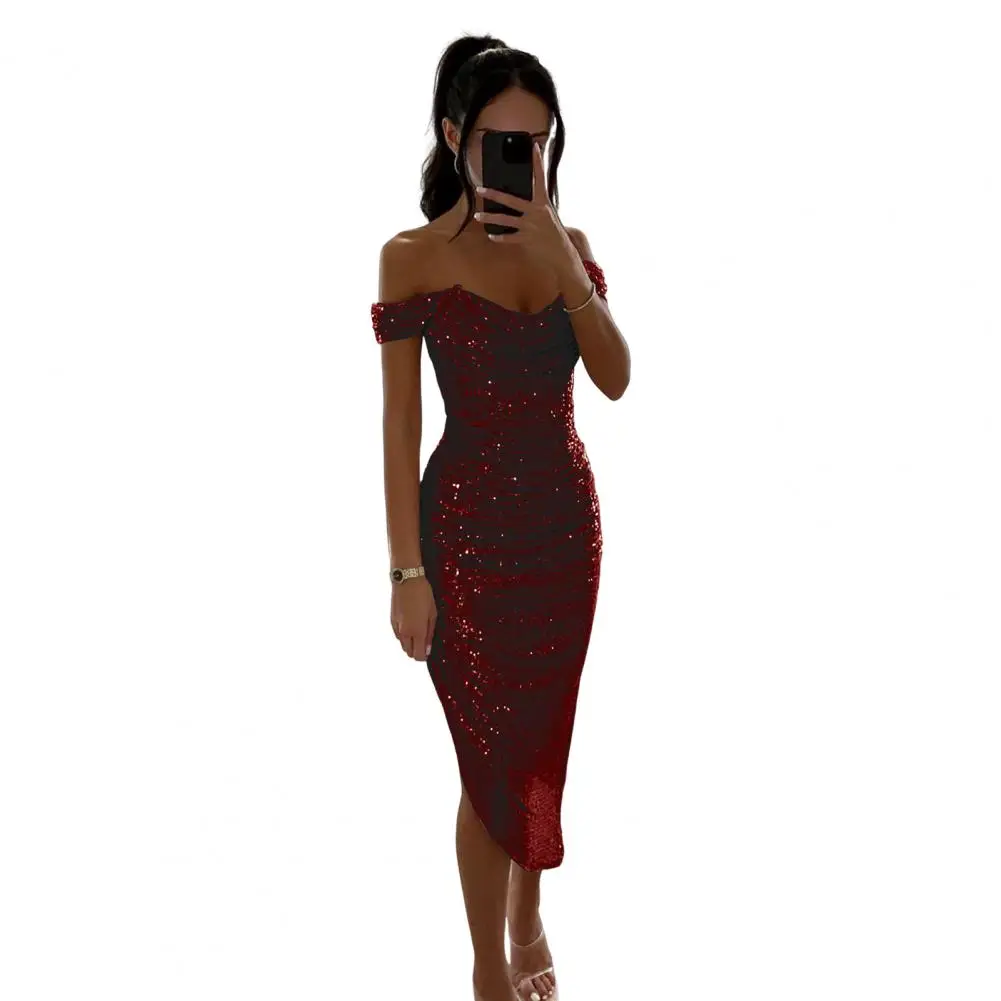 Sequined Evening Gown Elegant Sequin Off Shoulder Evening Dress for Prom Wedding Party Slim Fit Midi Dress with Irregular Hem