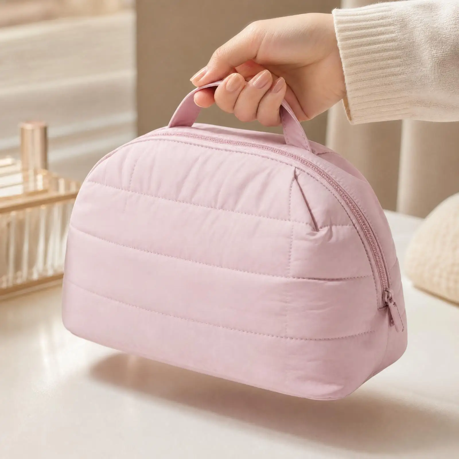 Quilted Cosmetic Pouch with Carry Handle Foldable Makeup Bag Travel Waterproof Storage for Brushes and Toiletries