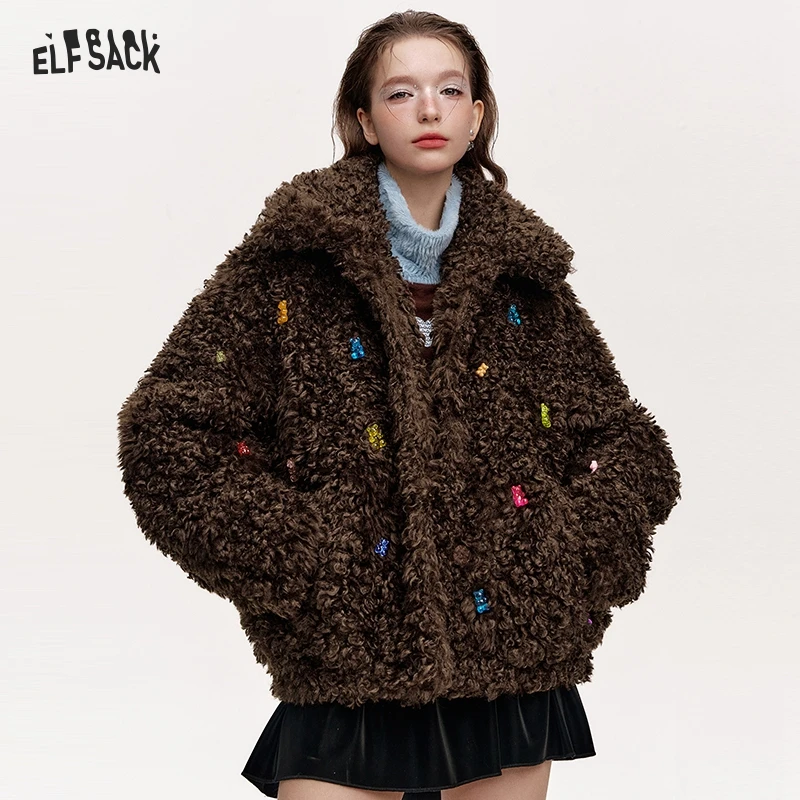 ELFSACK 2024 Winter New Arrivals Sweet and cool colorful bears imitation plush loose thick coat for women
