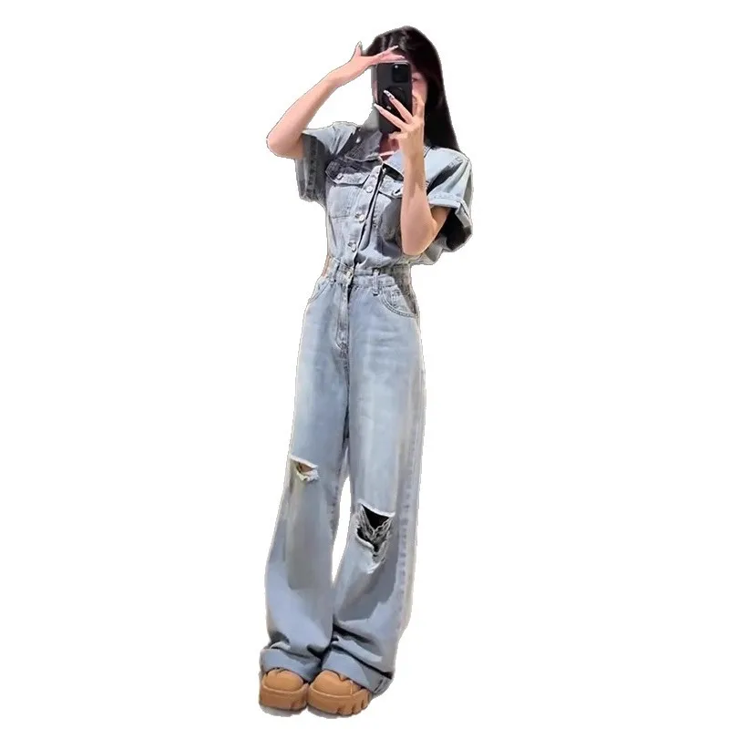 Chic Washed Distressed Ripped Blue Denim Jumpsuit For Women's New Summer Loose American Vintage Street Slim Wide-leg Overalls