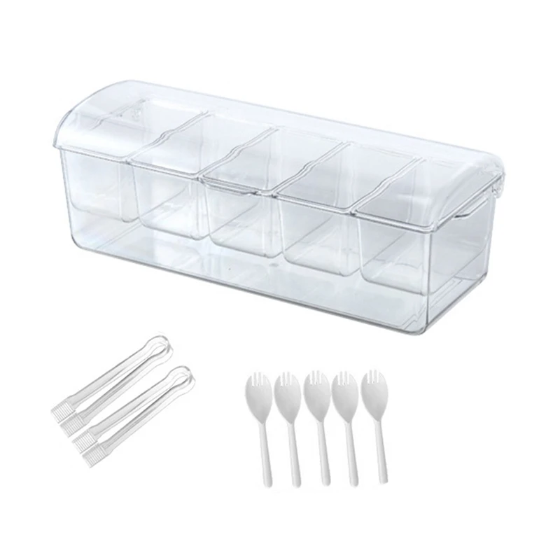 Ice Chilled Condiment Tray With 5 Containers, Condiment Server With Lids, Serving Tray Platter For Bar Accessories