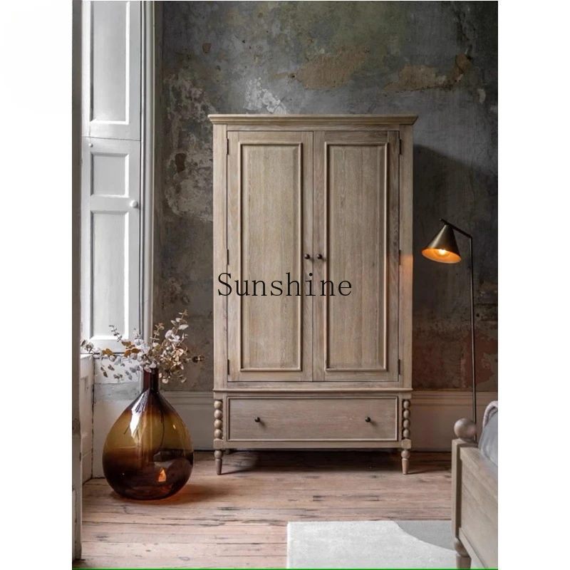 

American solid wood wardrobe retro old carved double door locker