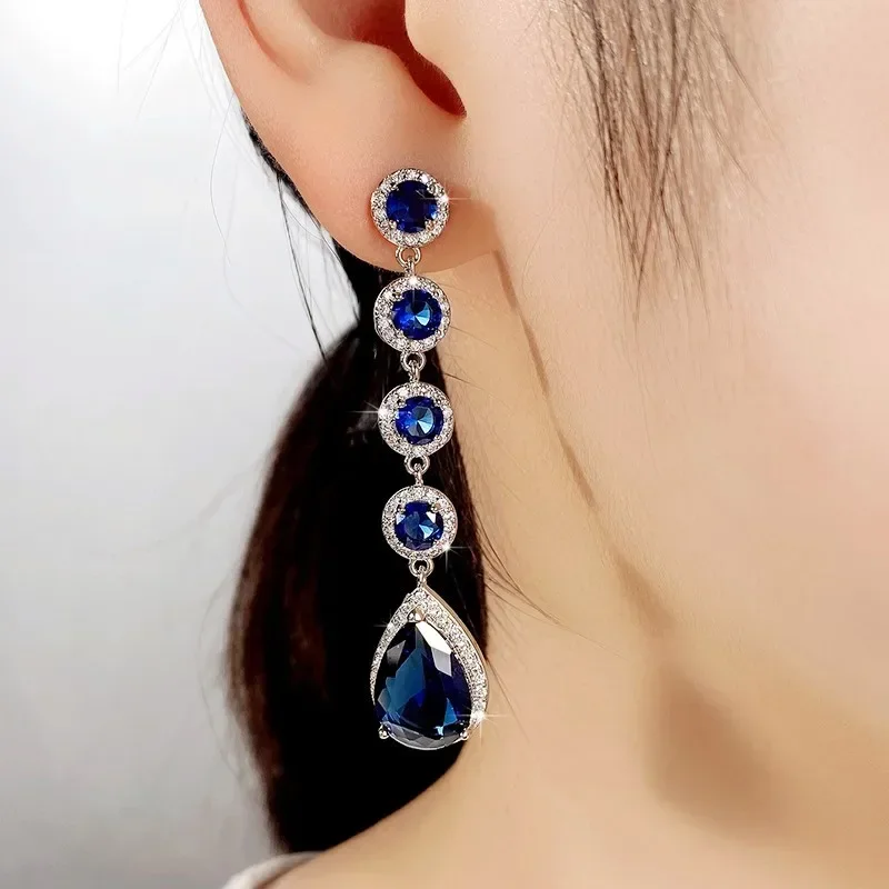 Blue Cubic Zirconia Dangle Earrings for Women Temperament Engagement Wedding Accessories Anniversary Gift Fashion Jewelry