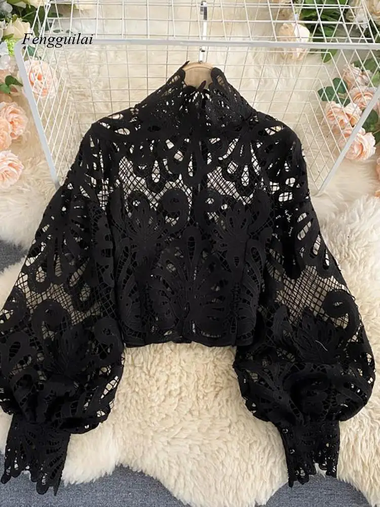 Sexy Lace Hollow Out Short Blouse Casual Lantern Long Sleeve Stand Collar Shirts Female Elegant Red/pink/white Loose Tops 2022