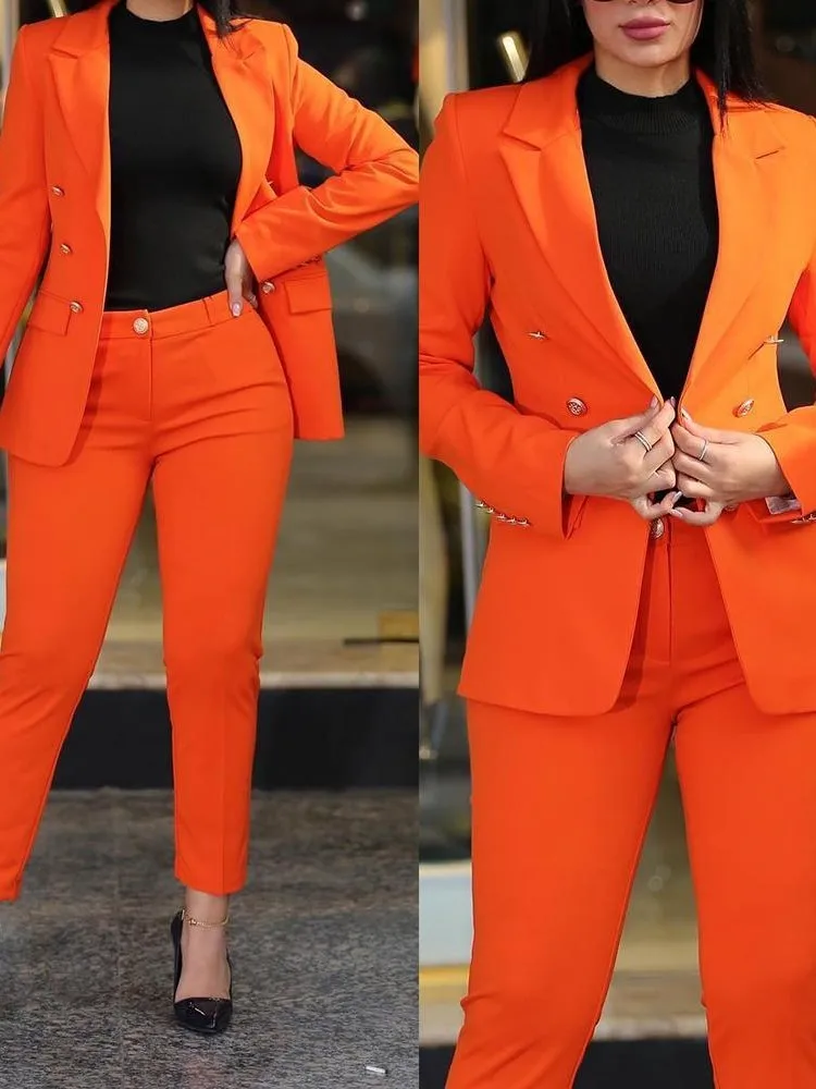 Spring Autumn Women\'s Solid Color Long Sleeve Suit Fashion A Button Slim-fit Wrap Buttock Pencil Pants Female Office 2 Piece Set