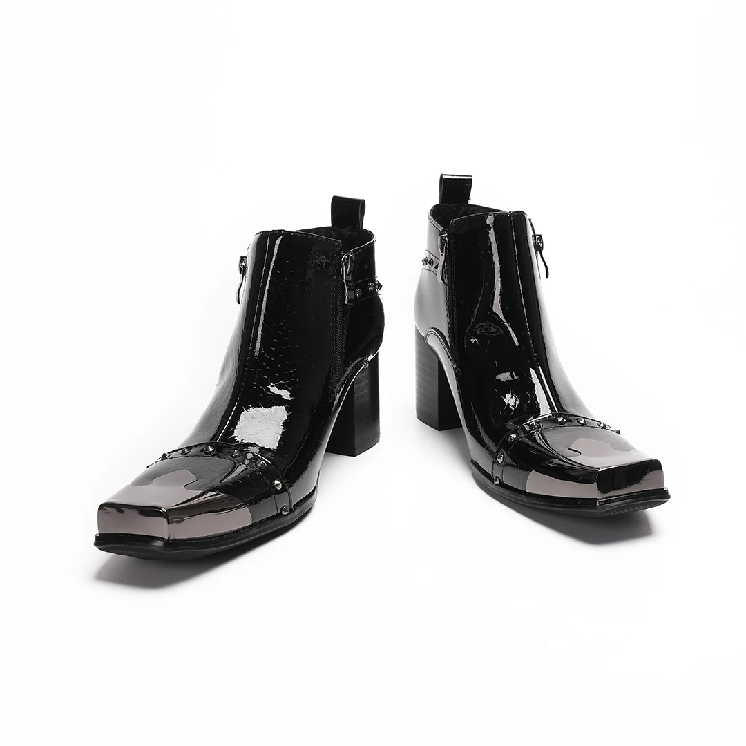 Fashion Square Toe Rivets Patent Leather Men High Heel Boots Male Jazz Dance Drag Queen Show Dress Shoes Club Party Ankle Boots