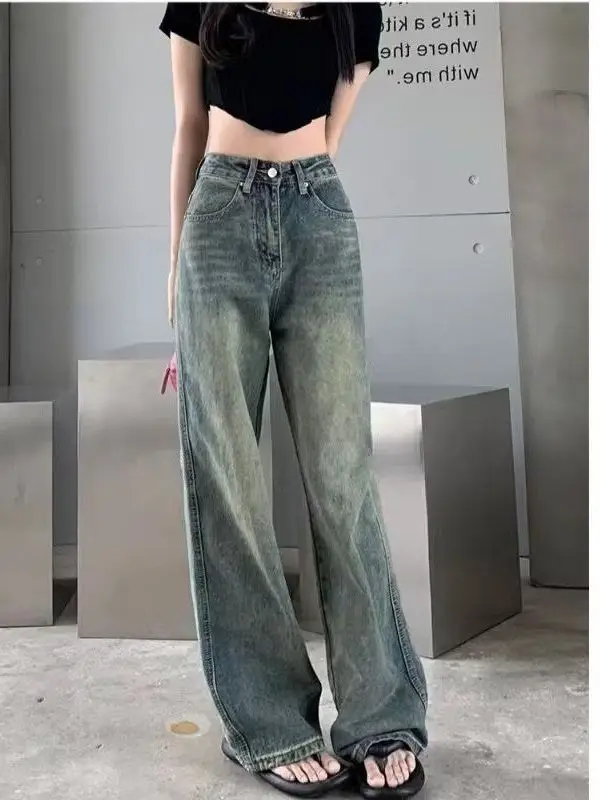 

Spring 2026 High Waist Straight Leg Jeans Women's Fashion Loose Slimming Wide Leg Floor-Length Pants Anti-Wrinkle Maintains S...