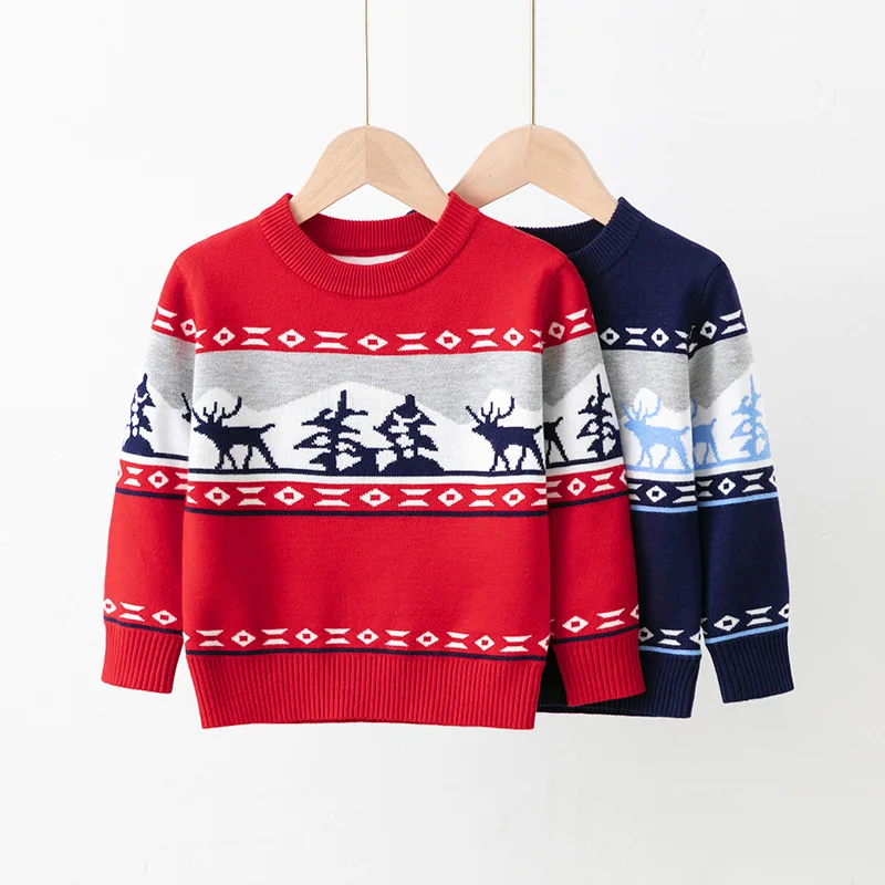 New Autumn and Winter Christmas Sweaters Reindeer Pullover Children\'s Red Sweater for Boys and Girls Baby Base Knitted Sweater
