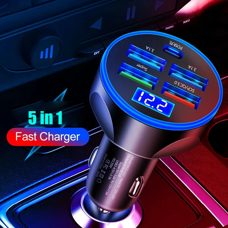 5 in 1 USB Car Charger Type C PD 12V Cigar Jack Fast Charging Adapter for iPhone 15 12 Pro Max 14 Plus 13 Samsung Huawei Oneplus