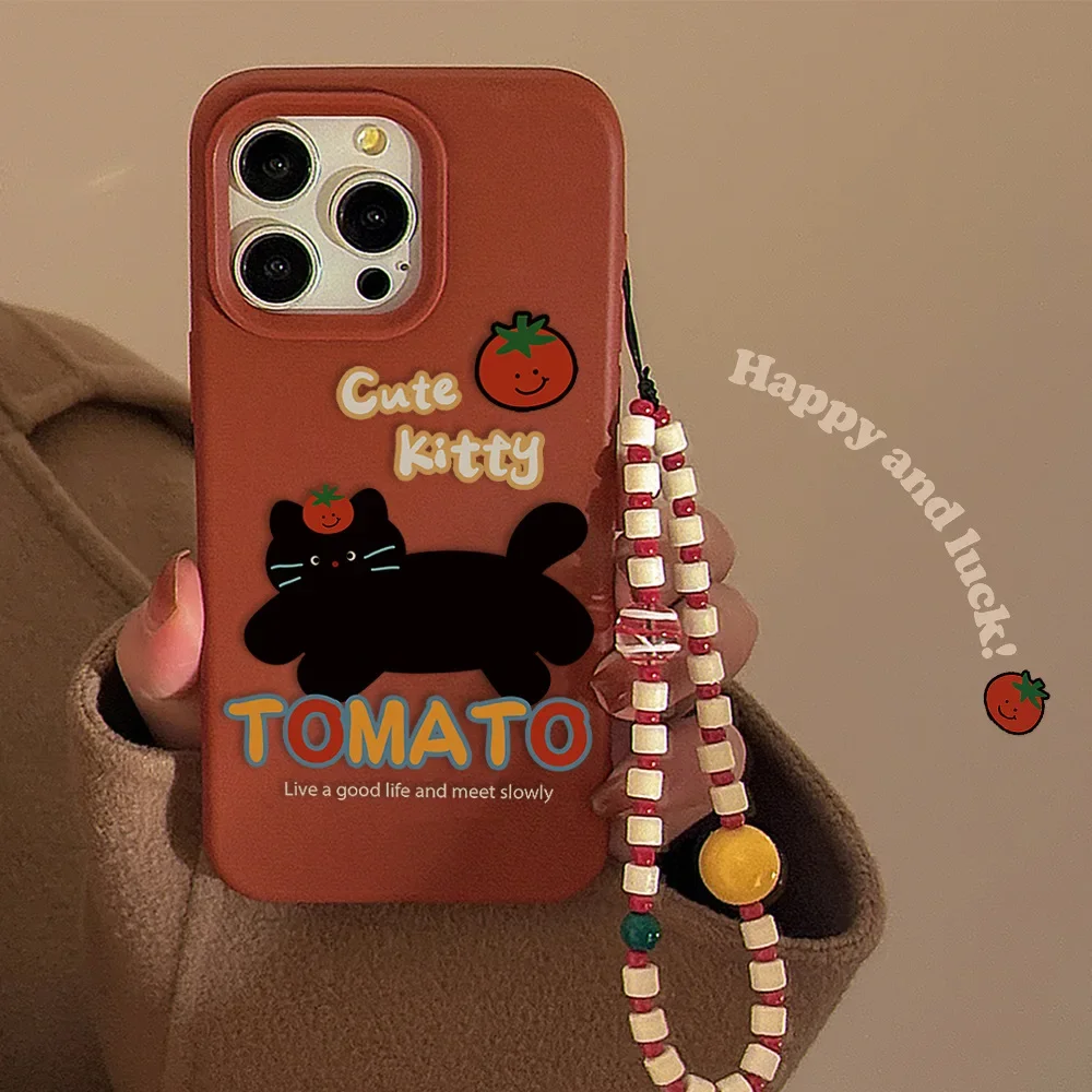 Tomato black cat kitten art Bracelet pendant Phone Case For iPhone 16 15 14 13 12 Pro Max Case Cute Luxury Cartoon Soft Cover