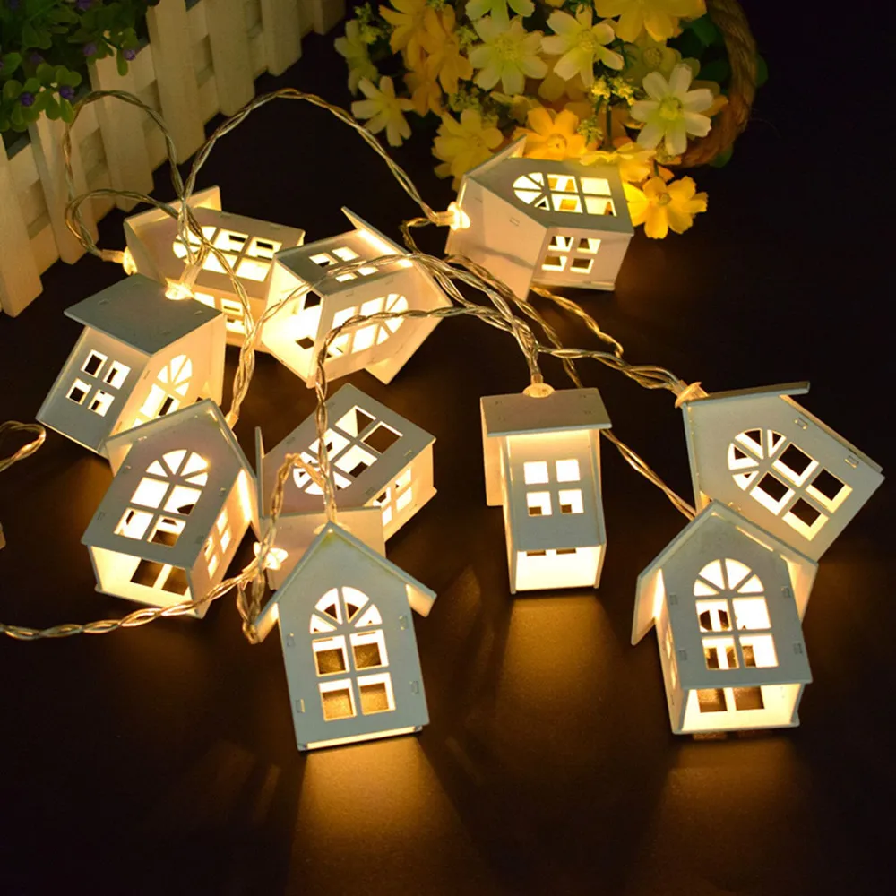 Battery Powered Small Wood House Garland Christmas Lights Novelty 2M 10LEDs Fairy String Lights for Party Wedding Holiday Decor