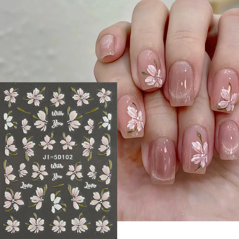 5D Embossed Camellia Nails Stickers Pink Cherry Blossom Peach Flower Relief Manicure Decals Ornament Nail Charms Decor #JI-5D102