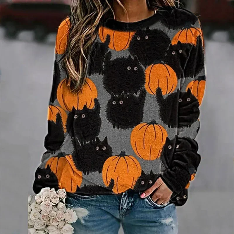 Halloween Gothic Pumpkin Pattern Sweater Women's Winter Warm Retro Kawaii Party Pullover Tops Long Sleeve Jumper Clothing