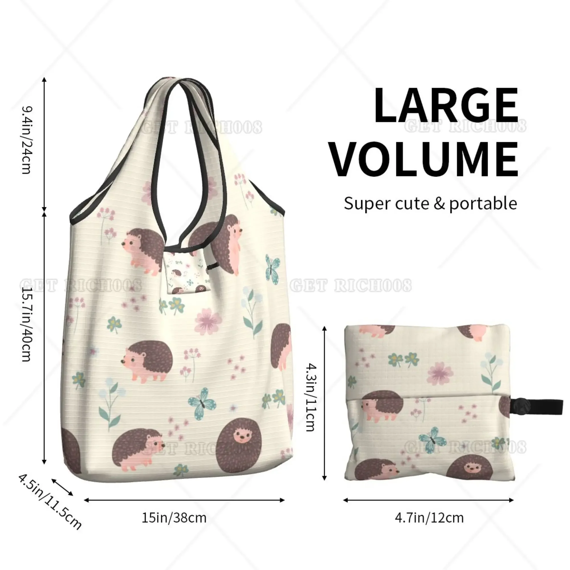 Saco de compras dobrável floral animal bonito para mulheres, saco de supermercado portátil sem zíper, estampa ouriço, moda