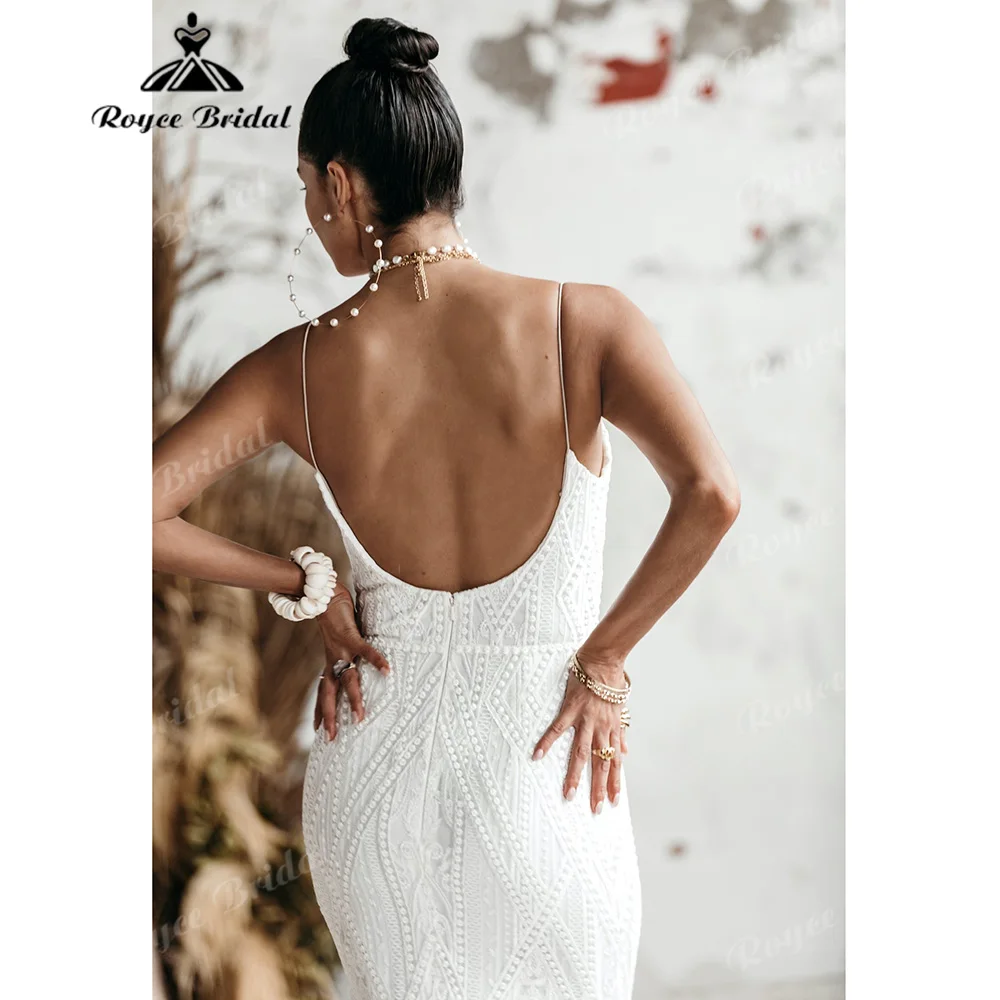 Roycebridal Thin Spaghetti Strap Mermaid Lace Wedding Dress Low Open Back Full Geometric Embroidery Vestido De Novia Customized