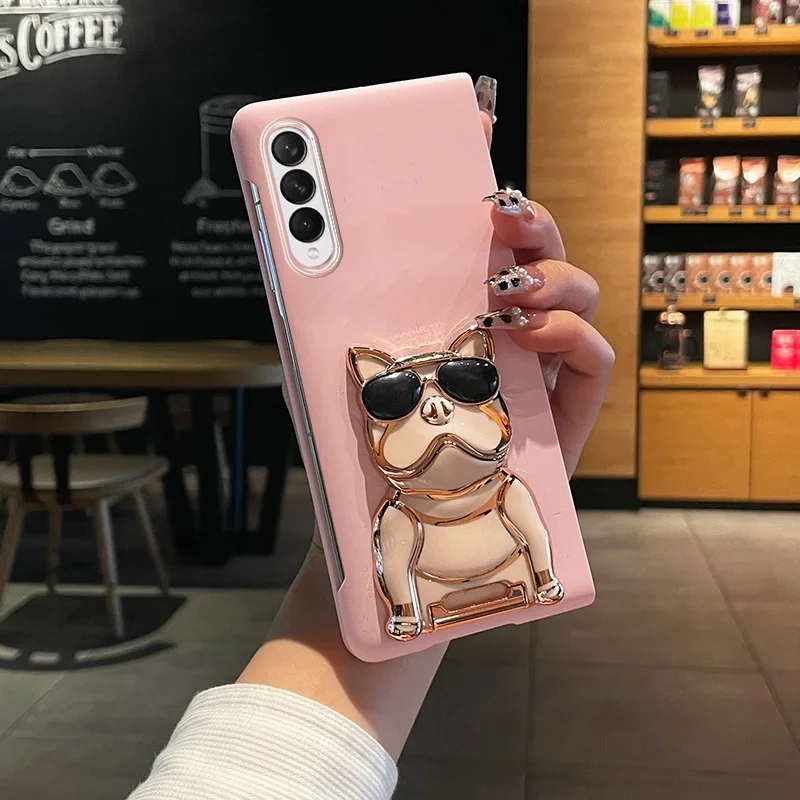 Fashion Cute Cartoon Electroplated Dog Stand Holder Bracket Case For Samsung Galaxy Z Fold 6 5 4 3 2 5G Matte Skin Feel Cover