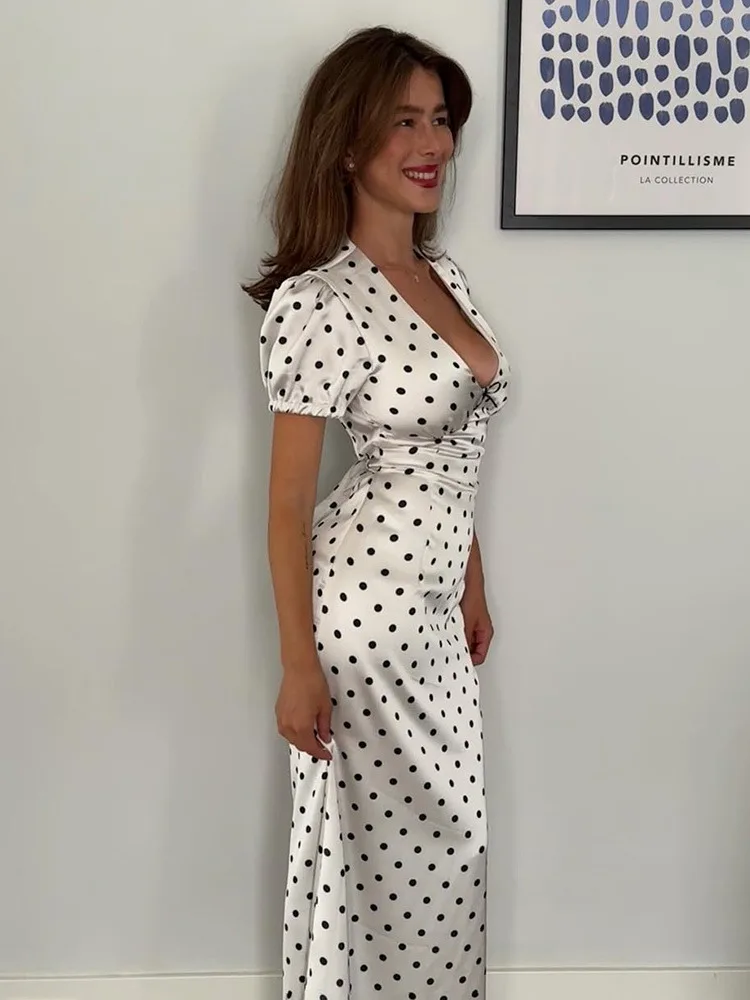 Absobe المرأة الساتان البولكا نقطة فستان ماكسي أنيق الخامس الرقبة نفخة قصيرة الأكمام ألف خط سليم الظهر جلد فستان طويل ملابس الشارع الشهير غير رسمية