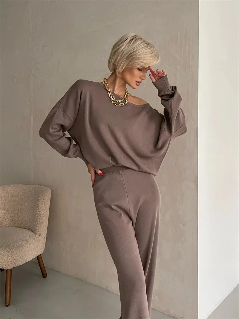 Elegant Loungewear Knitted 2 Piece Set Knit Pants and Sweater Matching Set Women Casual Winter Knitted Two Piece Sets Women 2024