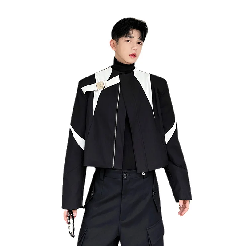 

Mens Stand Collar Splice Leather Buckle Short Coat Jackets Male Korean Streetwear Fashion Vintage Jacket Outerwear Stage Clothes