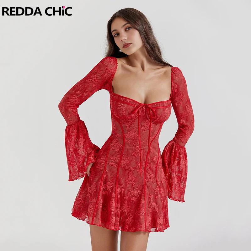 REDDACHiC เซ็กซี่ลูกไม้ Flowy ชุดมินิผู้หญิงฤดูร้อนสแควร์คอรัดตัว Jacquard ดูผ่านแขนยาว Valentine Party One-piece