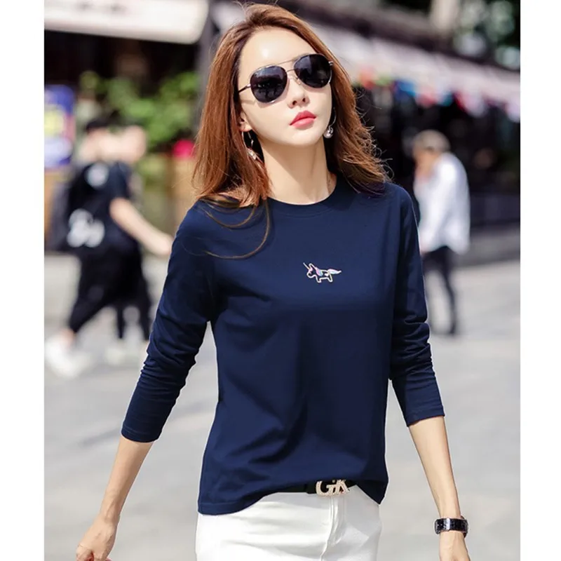 Dames T-shirt met lange mouwen, O-hals, katoen, casual borduurwerk, cartoon top, schattige T-shirts voor herfst, winter, Kawaii