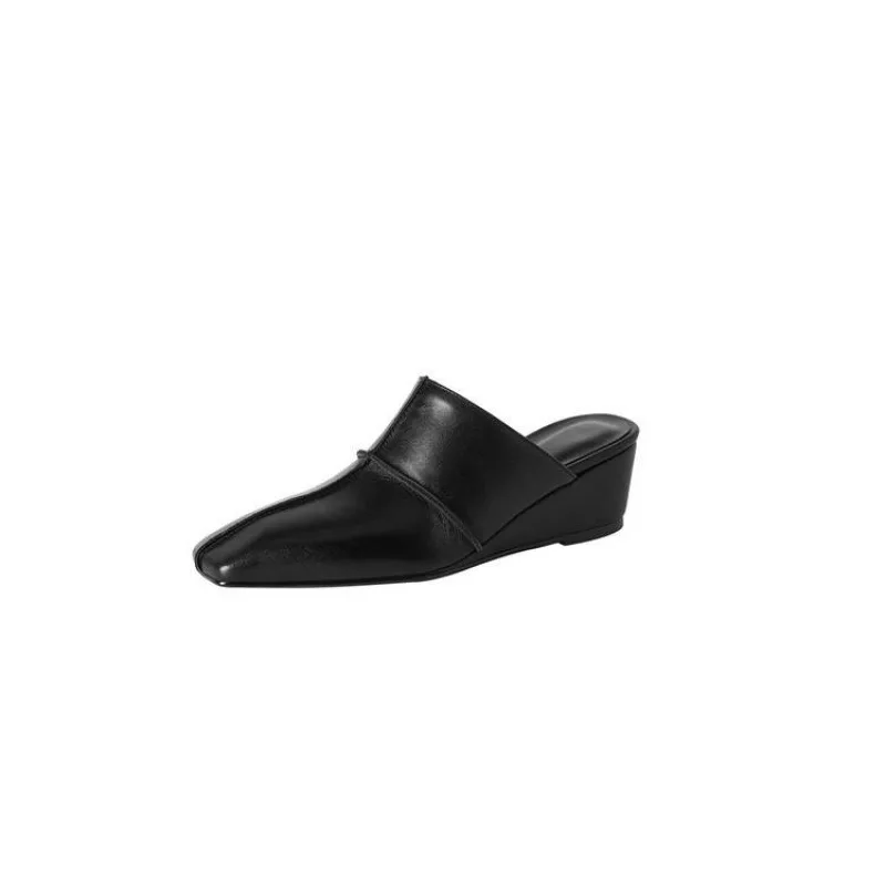 Retro Square Toe Wedge Heel Mules Baotou Sandals Summer Cover Toe Slingback Half Slippers Women Casual Solid Slip On Slippers