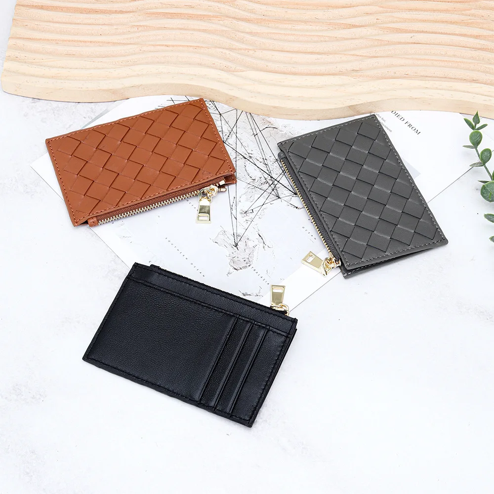 

2025 New Arrival Women Genuine Sheepskin Woven Zip Card Holder Slim Multi Pocket ID Wallet Fashion Knitting Coin Purses for Lady